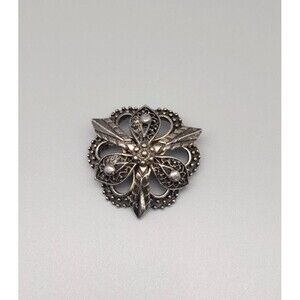 Vintage Signed Hedy Brooch Lapel Pin Silver Tone Starburst Floral Filigree 1.5"